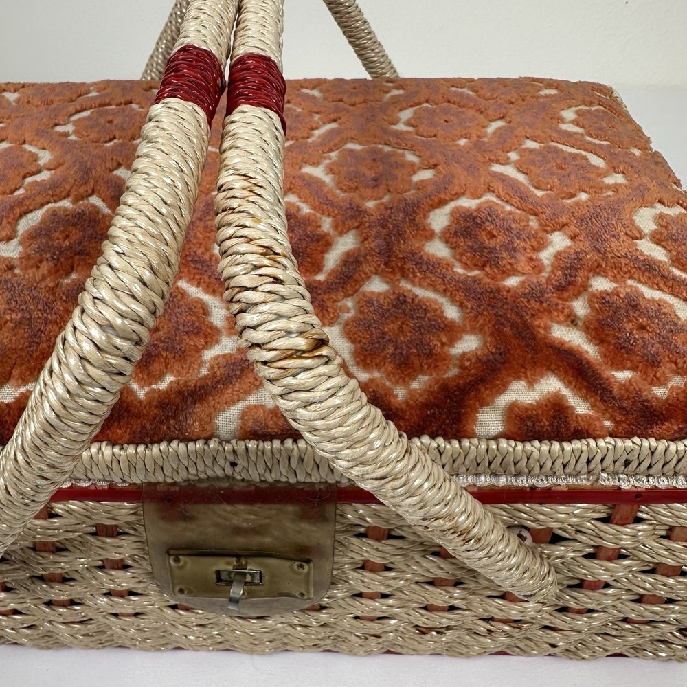 Vtg Japan Woven Wicker Sewing Basket Box Chenille Floral Lid Brass Latch - Picture 3 of 16